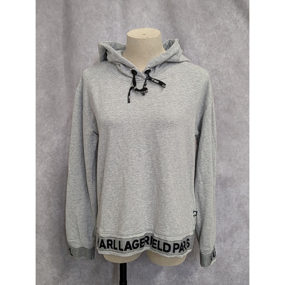 Karl Lagerfeld Paris‎ Womens Heather Grey Logo Hem Pullover Hoodie Sweatshirt S